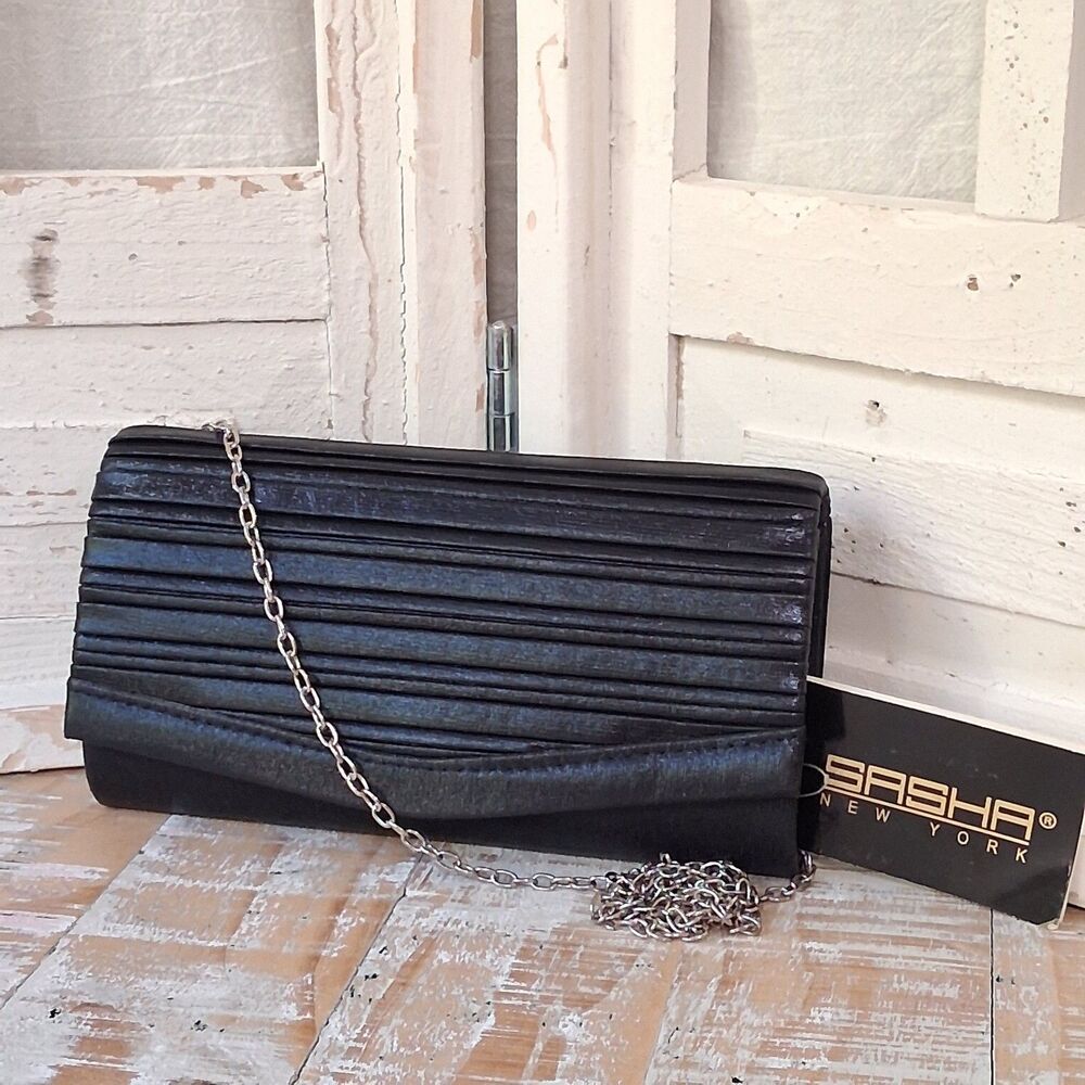 90s Vtg Sasha NY Evening Clutch Shoulder Bag Black Pleated Satin Minimalist NWT